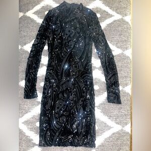 Black Sequin Long Sleeve Midi Dress